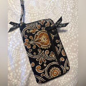 Vera Bradley Black Quilted Wristlet with Brown Paisley Pattern